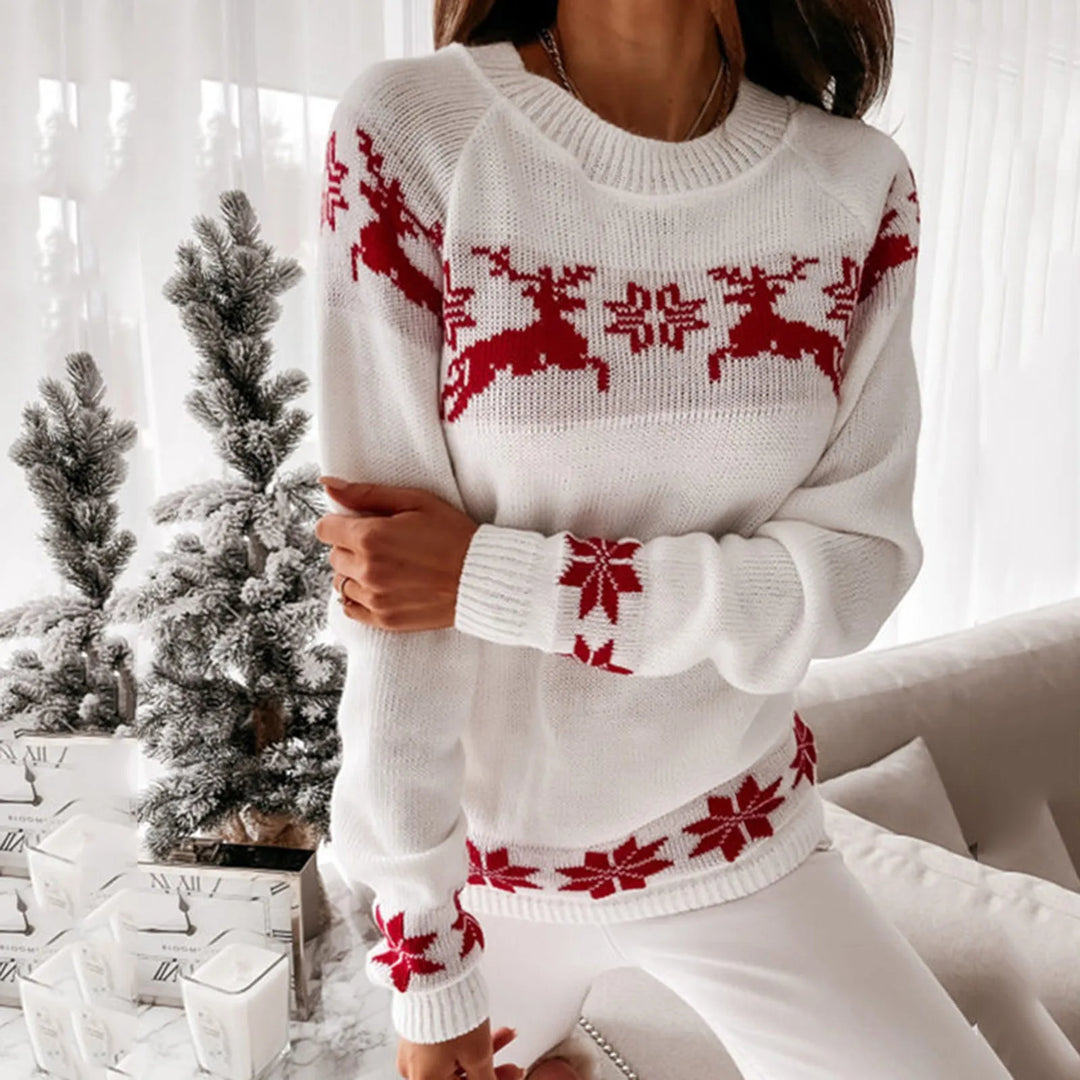 Drune - Hässlicher Weihnachtspulli - Bequemer Strickpulli mit O-Ausschnitt, Rentier- und Schneeflockenmuster