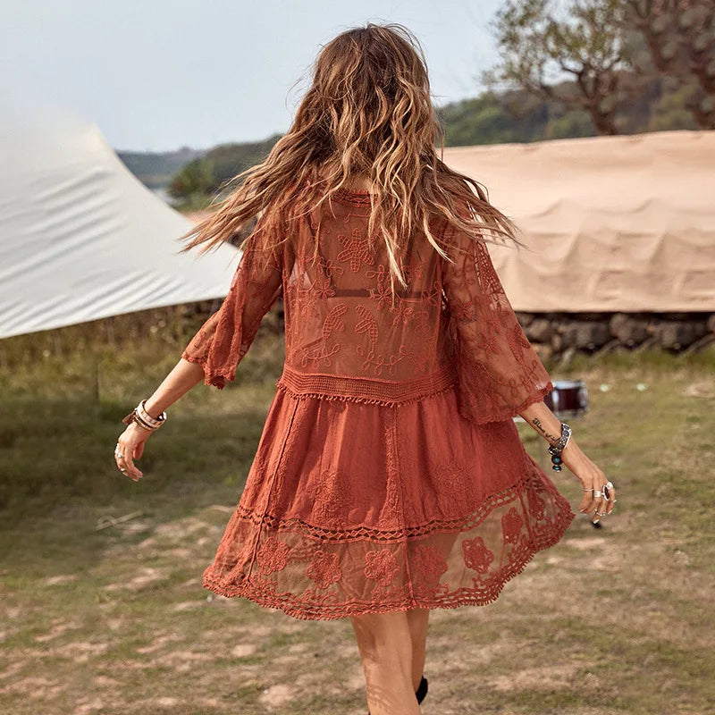 Drune | Strand Cover up Vausschnitt Häkel Tunika Kleid