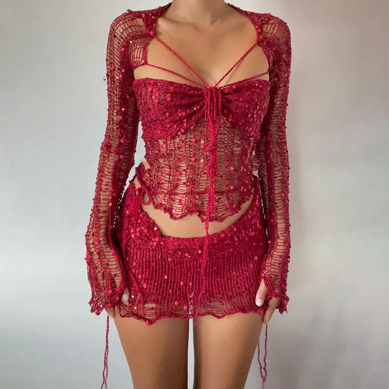 Drune | Paillettengehäkelter Langärmliger Croptop und Minibodyconrock Zweiteiliges Satz