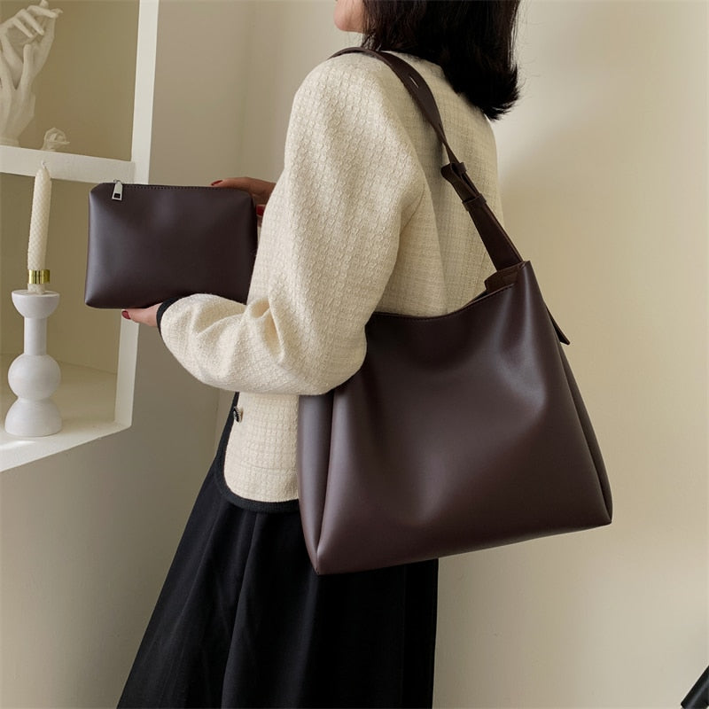 Drune Hochwertige Damen Shopper Große Kapazität Schultertasche Reine Farbe Breiter Riemen Weiches PU-Leder