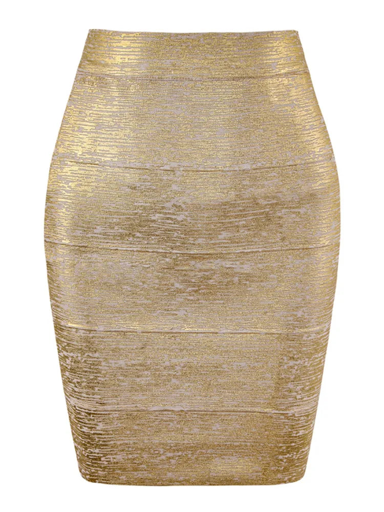 Drune | Großhandel Frauen Sommermode Sexy Gold Bronze Bandage Rock Designer Nachtclub Bodycon Bleistiftrock Faldas 46Cm