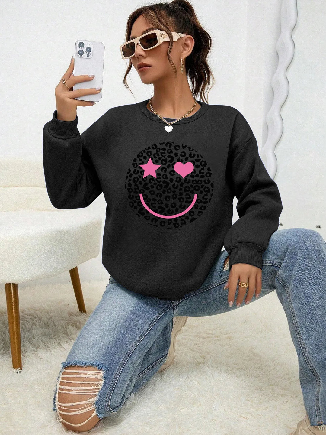 Drune | Lässiges Sweatshirt mit Leopardenmotiv Baumwollmischung Trendy und Komfortabel
