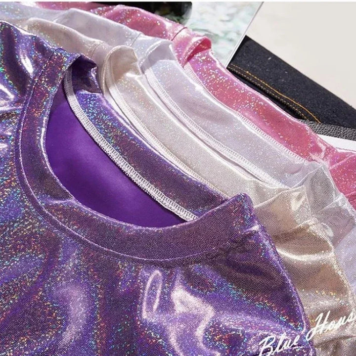 Drune | S 5Xl Damen Funkelnd Shiny Metallisch Holografisch Rundhals Kurzarm Lässig Lose Top Festival Party T-Shirt Damenbekleidung