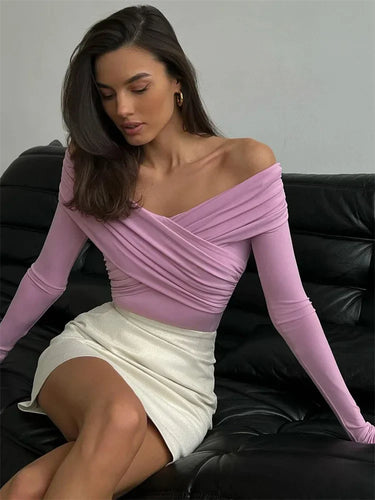 Drune Off-Shoulders Bodysuit | Moderner eleganter plissierter Damen-Bodysuit