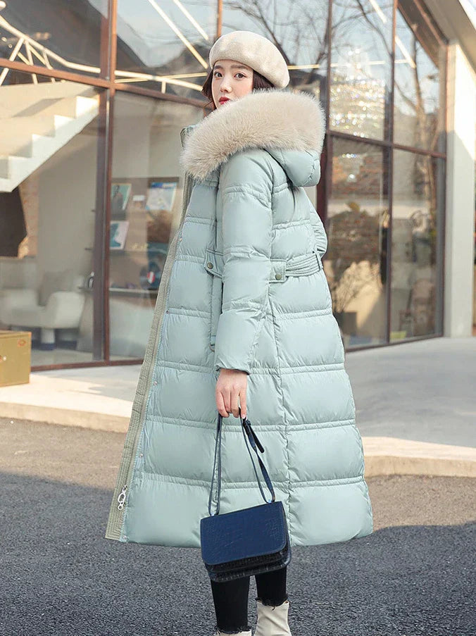 Drune | Lange Winterjacke Puffer Design Kunstfell Kapuze Taillengürtel Warm Und Isolierend