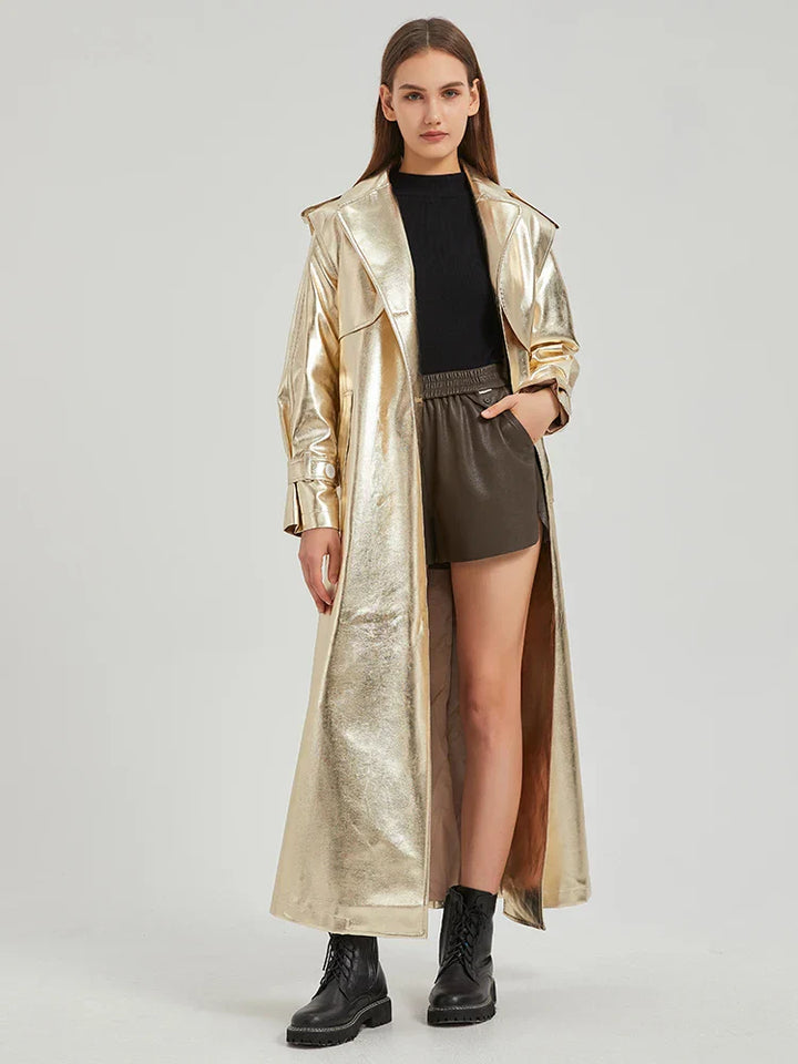 Drune | Lautaro Herbst Extra Lange Gold Glänzend Patent Pu Leder Trenchcoat für Frauen Einfache Schnalle Luxus Designer Übermantel