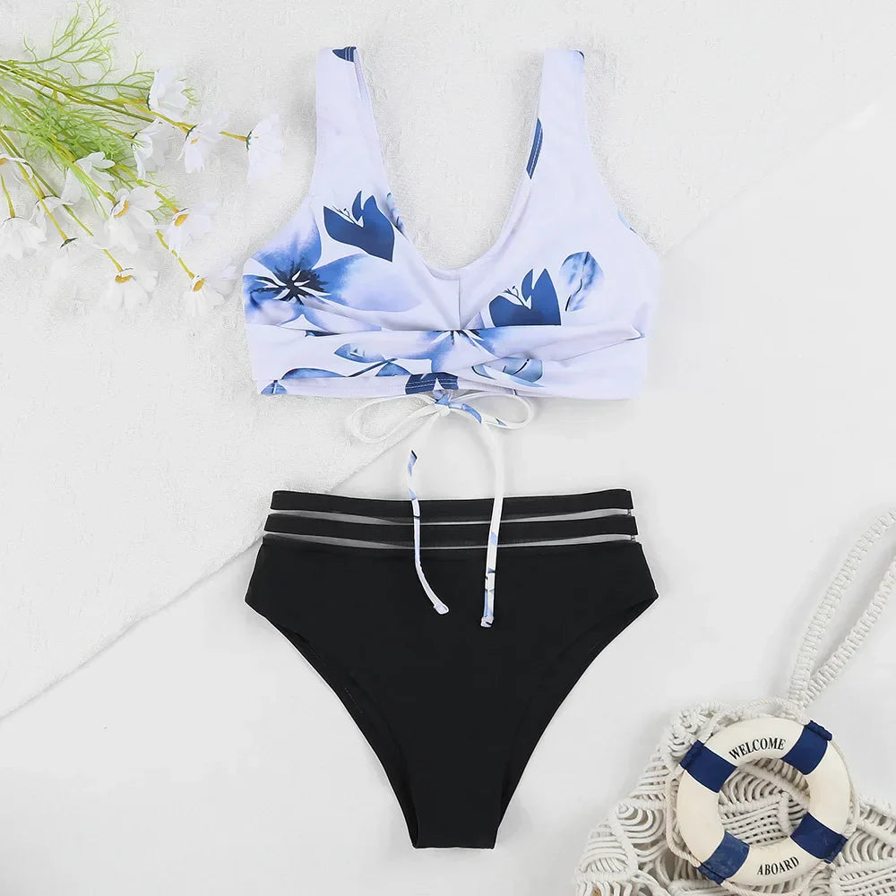 Drune | Schnürung Hohe Taille Bikini Frauen Badebekleidung Frauen Badebekleidung Badeanzug Gepolstert Push-Up Blumen Badeanzug Frauen Bikini Set