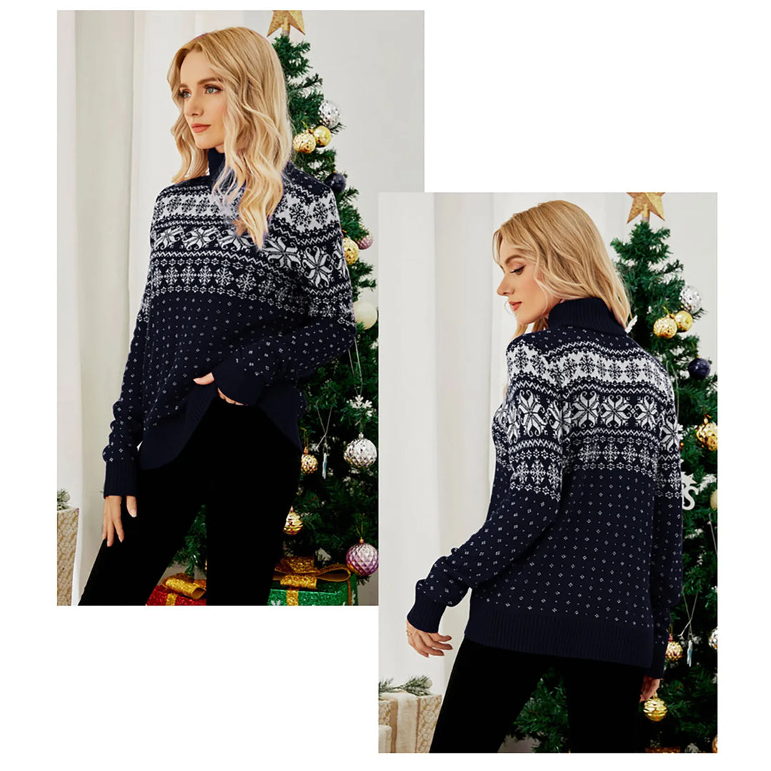 Drune - Hässlicher Weihnachtspulli - Vintage Rollkragenpullover mit Schneeflockenmuster