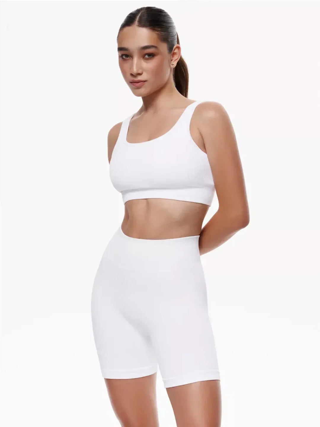 Drune | Sommer Weiße Training Kleidung Gerippt Sport Shorts Set Fitness Set Sport Kleidung Damen Yoga Set Nahtlose Hohe Taille Shorts Outfit