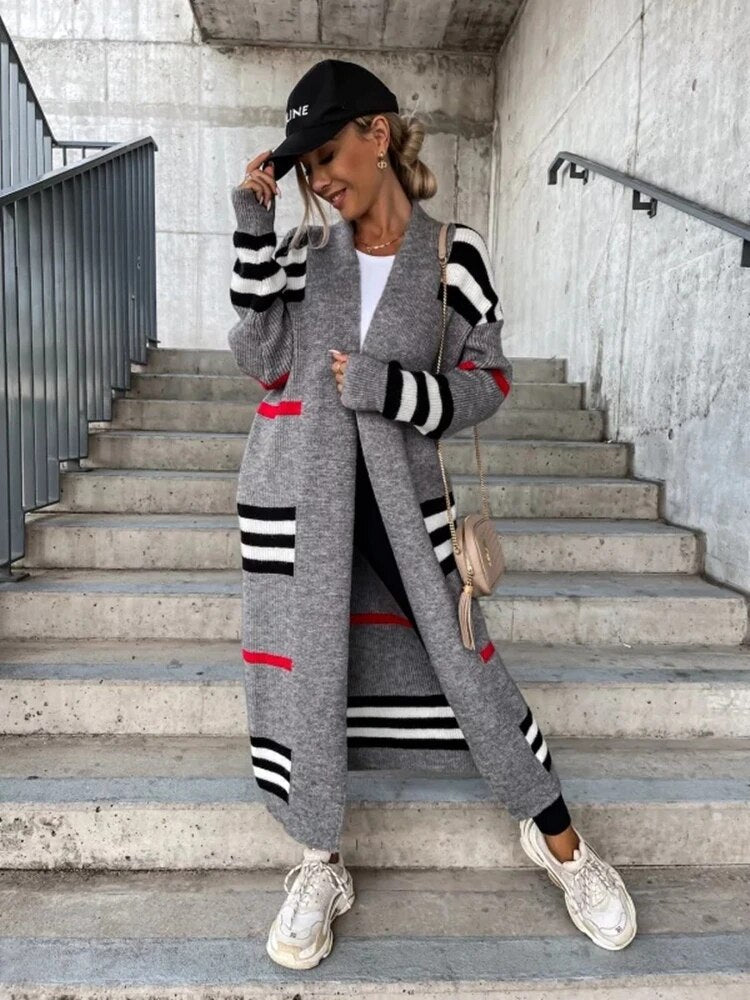 Drune | Lange gestreifte Strickjacke für Damen