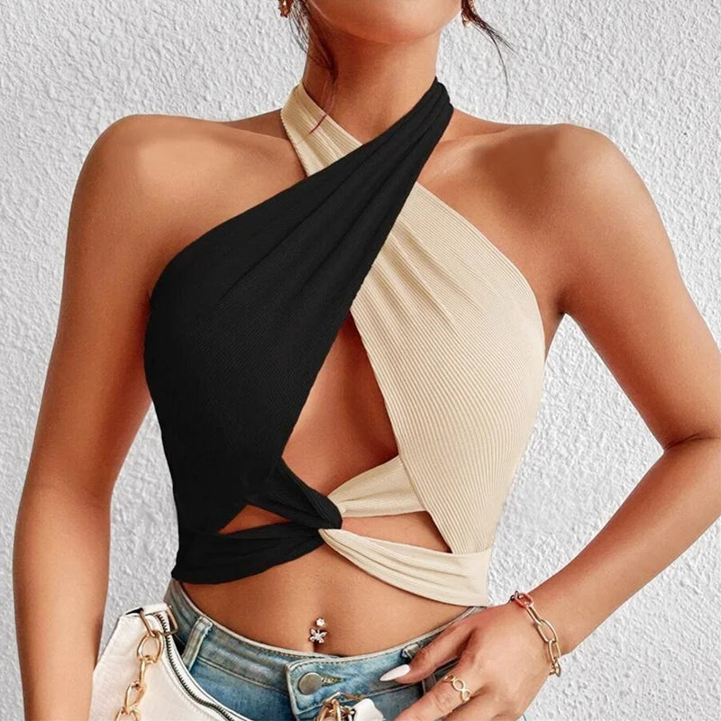Drune | Frauen Sommer Tank Tops Sexy Patchwork Cross Halterneck Träger Loch Crop Tops Hoch Street Wear Neue Mode