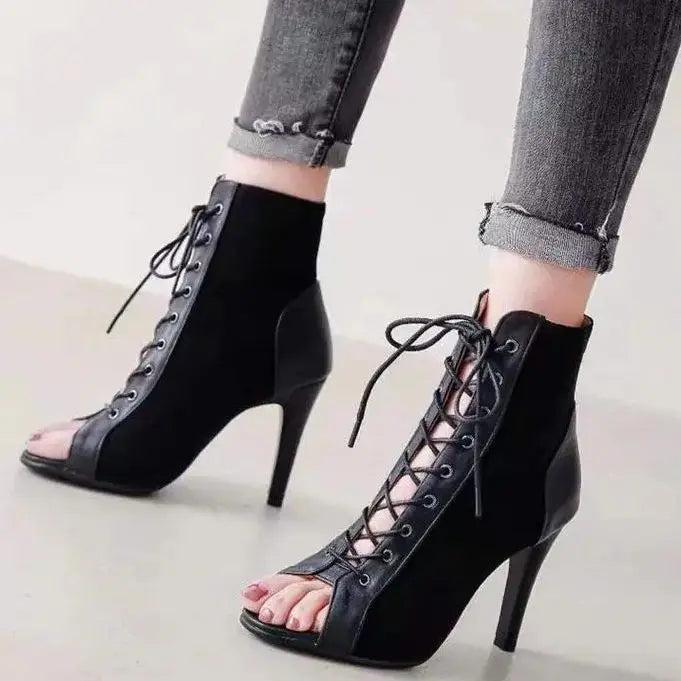 Drune | Sandalen Höhle Mesh Absätze Gürtel Schnalle Damen Sommer Beige Schnürsenkel Sexy Offene Zehe Stiletto Jazz Tanz Fest Damenschuhe