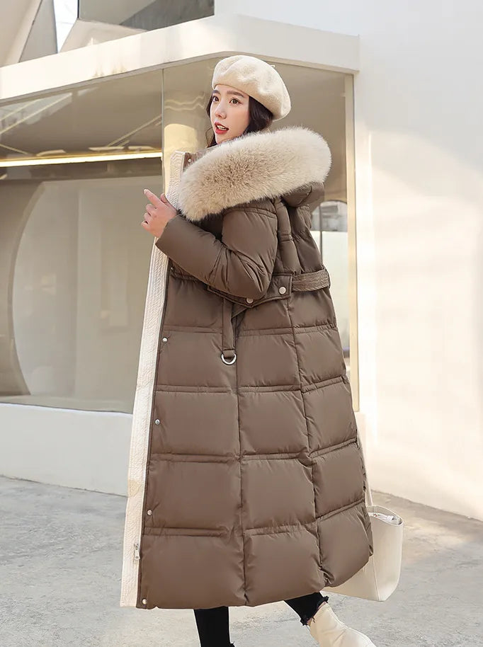 Drune | Lange Winterjacke Puffer Design Kunstfell Kapuze Taillengürtel Warm Und Isolierend