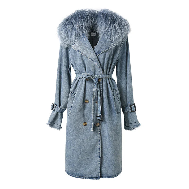 Drune | Lange Denimjacke mit Kunstfell Baumwollmix Modern und Elegant
