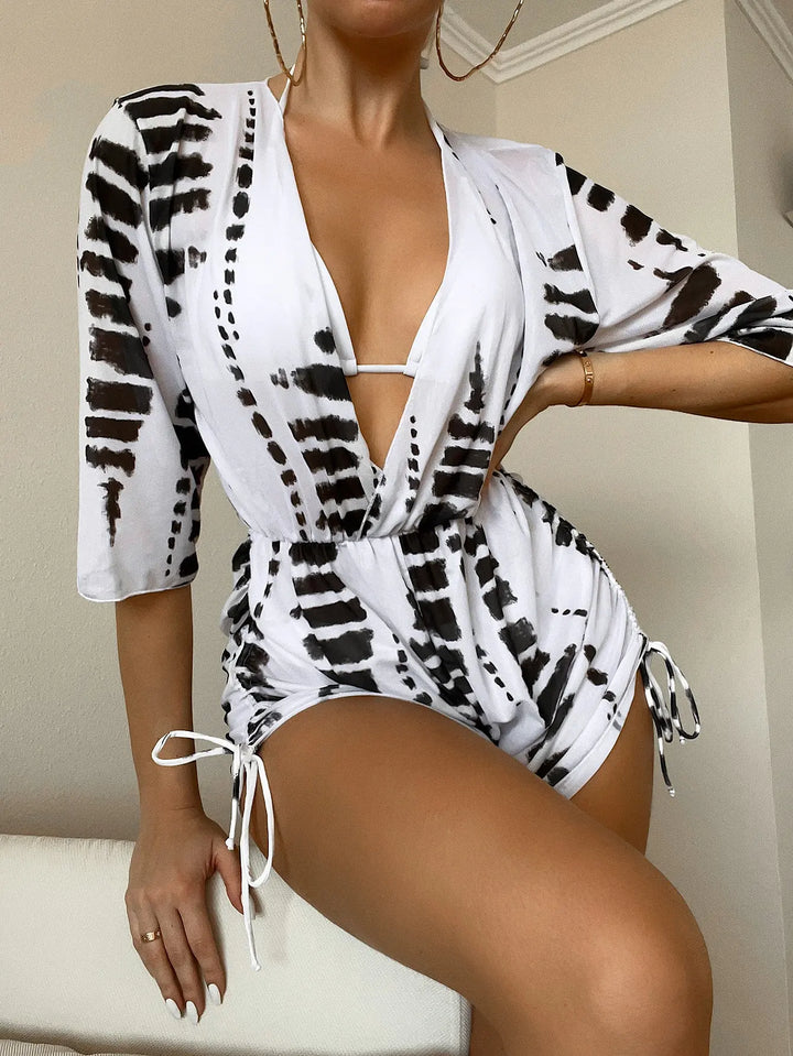 Drune | 3 Stück Bikini Tropischer Druck Badebekleidung Halter Schnürseite Badebekleidung Frauen Badeanzug Weiblich Schwimmen Sommer Strandbekleidung