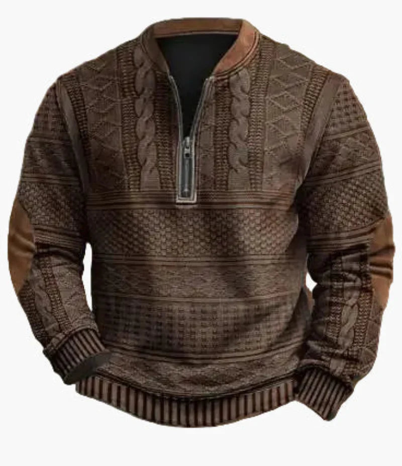 Drune | Halbzipper Pullover - Modischer Strick-Look für Herbst und Winter, Warmes Sweatshirt mit Stehkragen und Ellbogen-Patches, Freizeit & Alltag