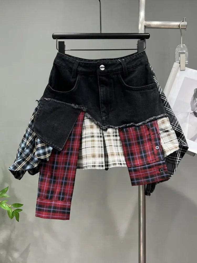 Drune | Jahrgang Unregelmäßig Patchwork Kariert Röcke Denim Kurz für Frauen Hohe Taille Eingewickelt Hüfte Mini Rock Sommer Weiblich