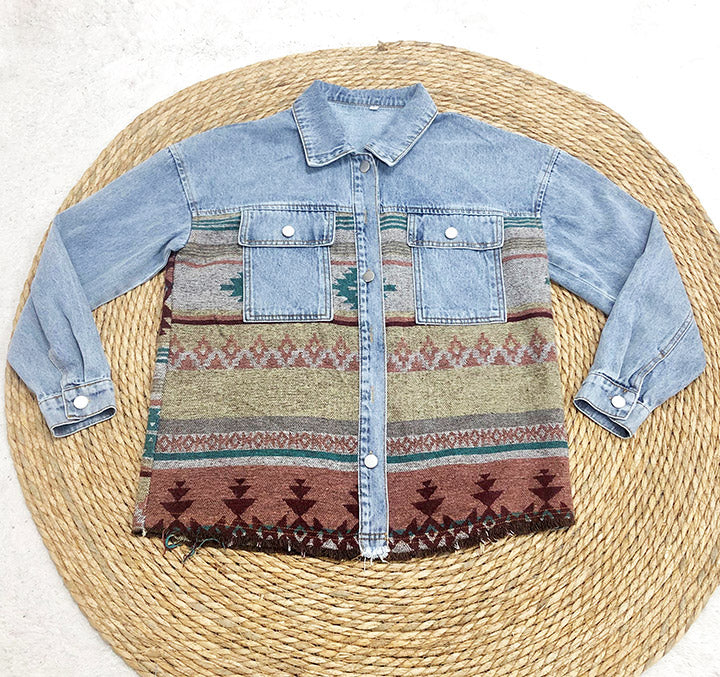 Drune | Aztec Revers Tasche Denim Patchwork Jacke