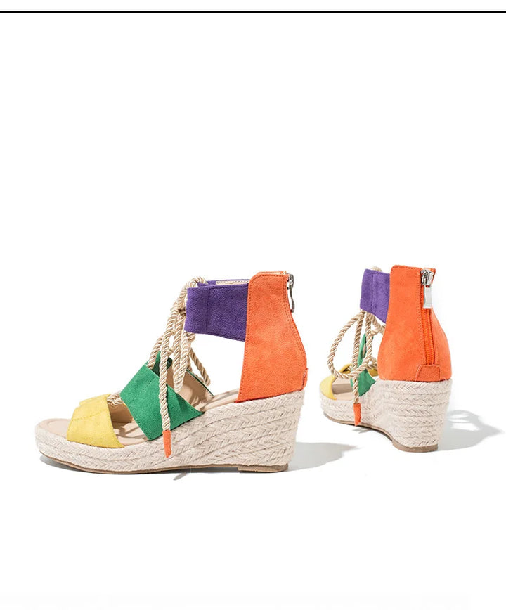 Drune | Sommer Damen Sandalen, Hanfseil Riemen Sandalen, Große Sandalen mit Dickem Absatz