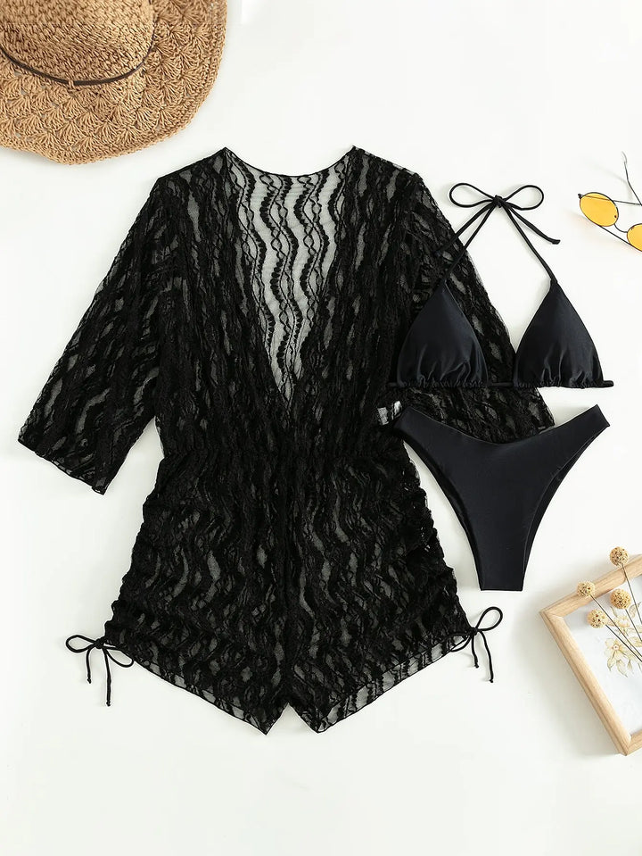 Drune | 3 Stück Bikini Tropischer Druck Badebekleidung Halter Schnürseite Badebekleidung Frauen Badeanzug Weiblich Schwimmen Sommer Strandbekleidung