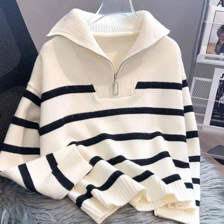Drune | Pullover Mit Reißverschluss - Weiß & Gestreift