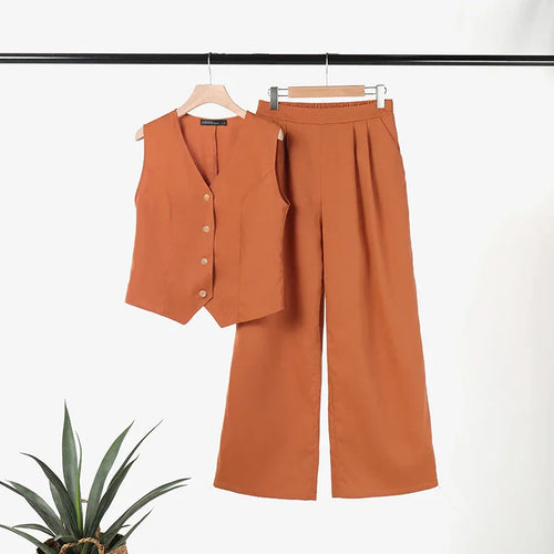 Drune Modern Set | Eleganter ärmelloser V-Ausschnitt-Top und weit geschnittene Hosen Damenanzug