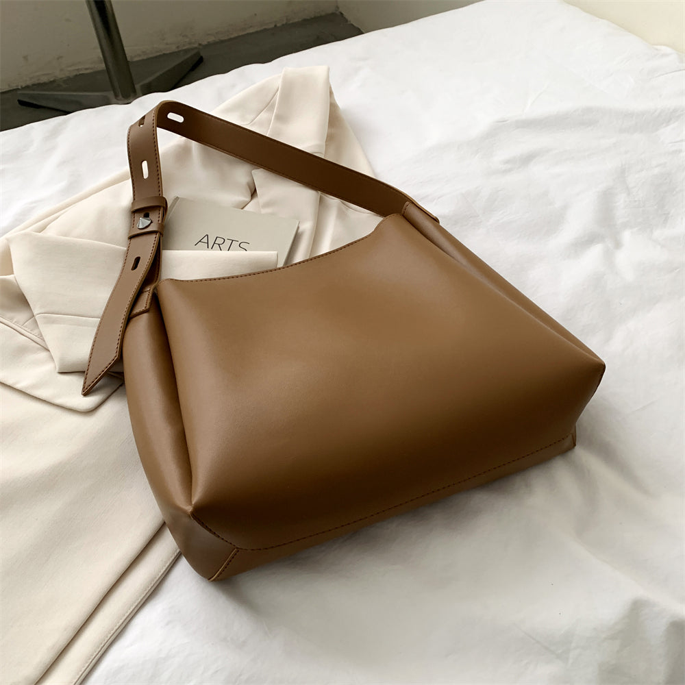 Drune Hochwertige Damen Shopper Große Kapazität Schultertasche Reine Farbe Breiter Riemen Weiches PU-Leder