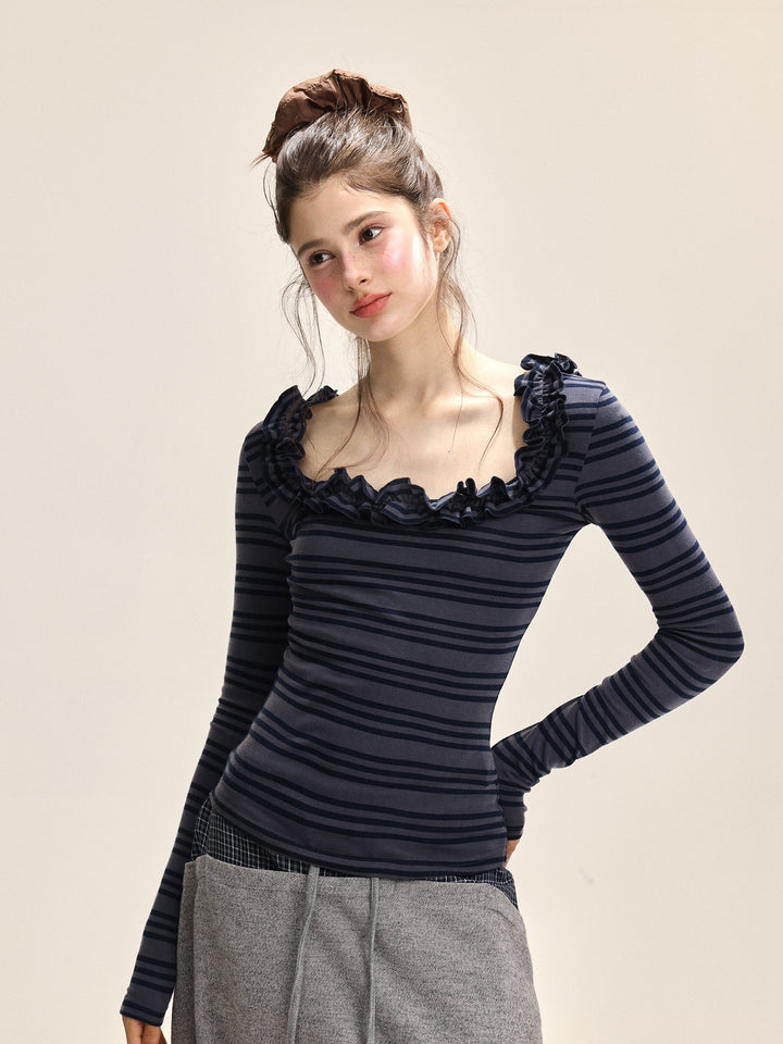 Damen Spitzen U-Ausschnitt Slim Fit Langarm Top