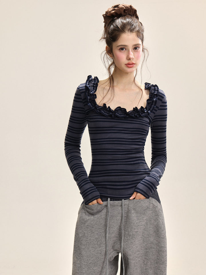 Damen Spitzen U-Ausschnitt Slim Fit Langarm Top