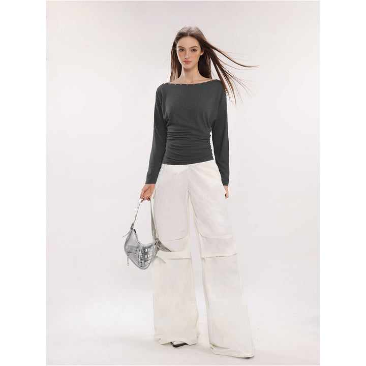 Damen Off-Shoulder Langarm Top mit Knöpfen Slim Fit