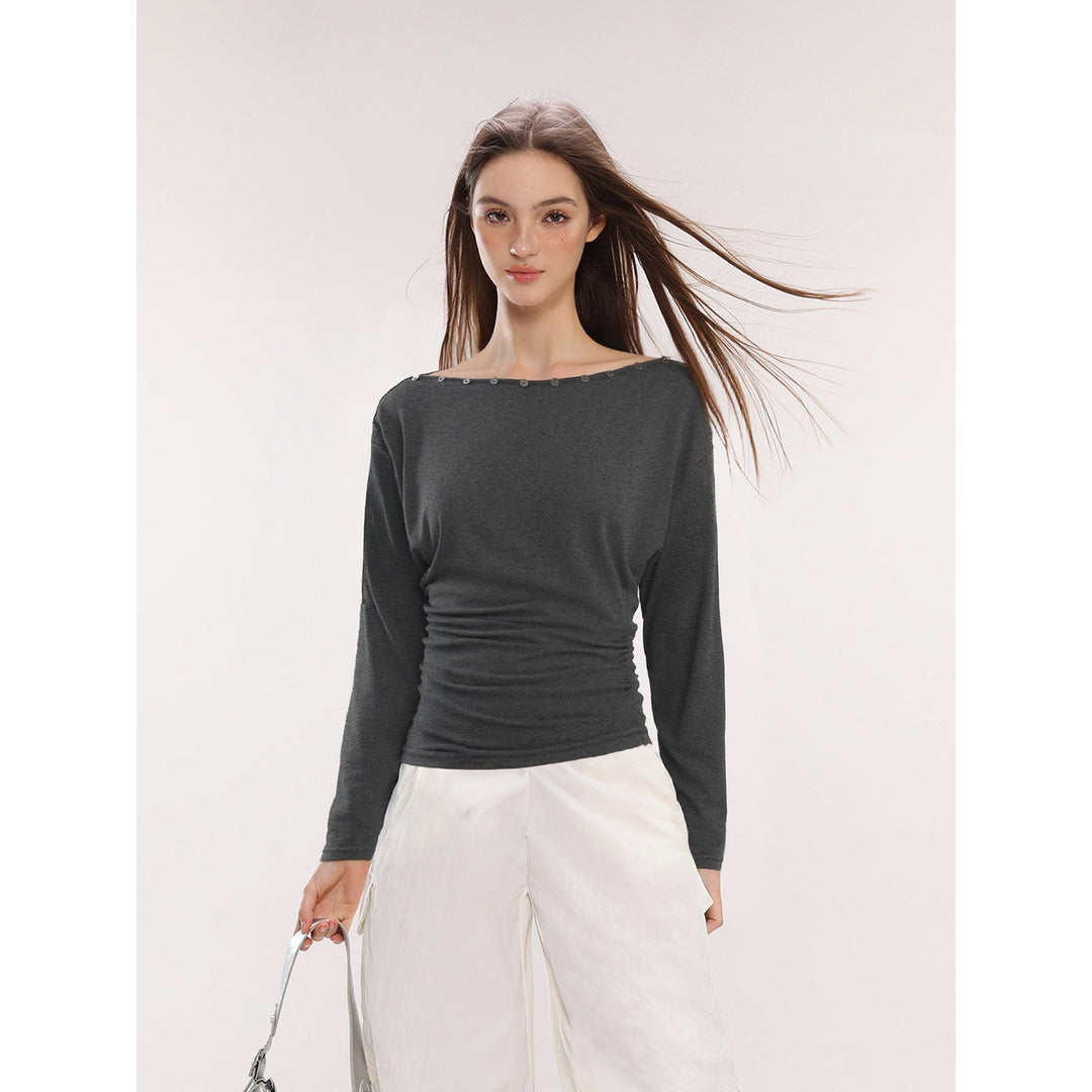Damen Off-Shoulder Langarm Top mit Knöpfen Slim Fit