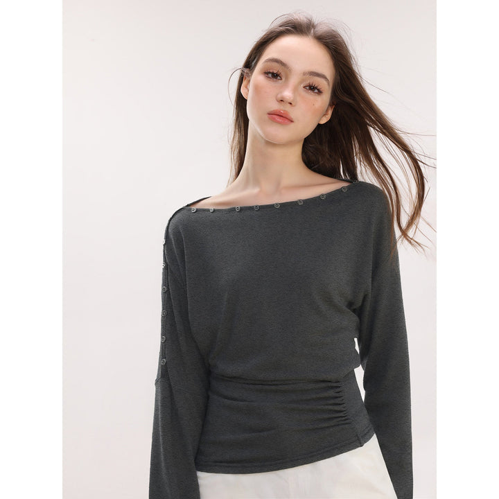 Damen Off-Shoulder Langarm Top mit Knöpfen Slim Fit