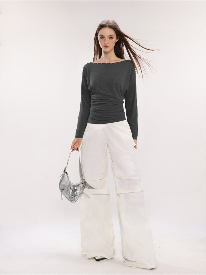Damen Off-Shoulder Langarm Top mit Knöpfen Slim Fit