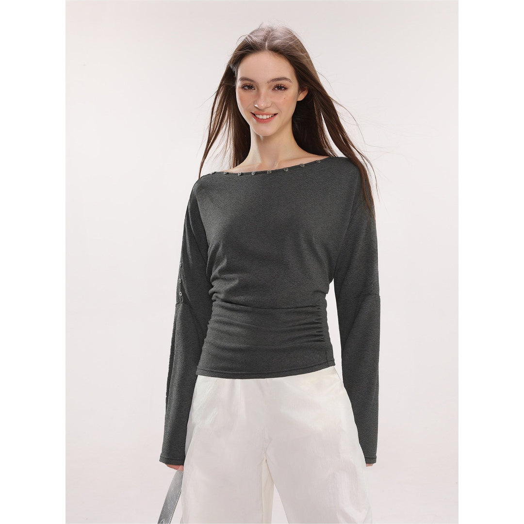 Damen Off-Shoulder Langarm Top mit Knöpfen Slim Fit