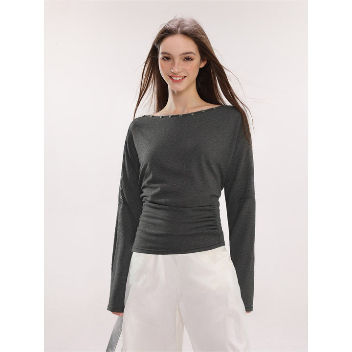Damen Off-Shoulder Langarm Top mit Knöpfen Slim Fit