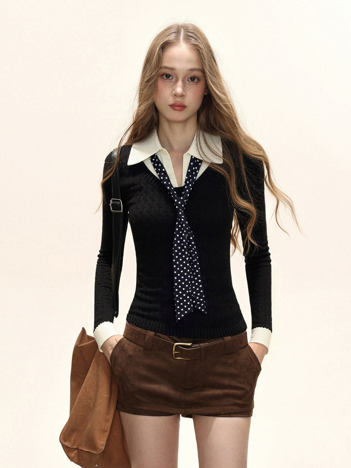 Damen Strick Polo Top mit Zopfmuster Slim Fit