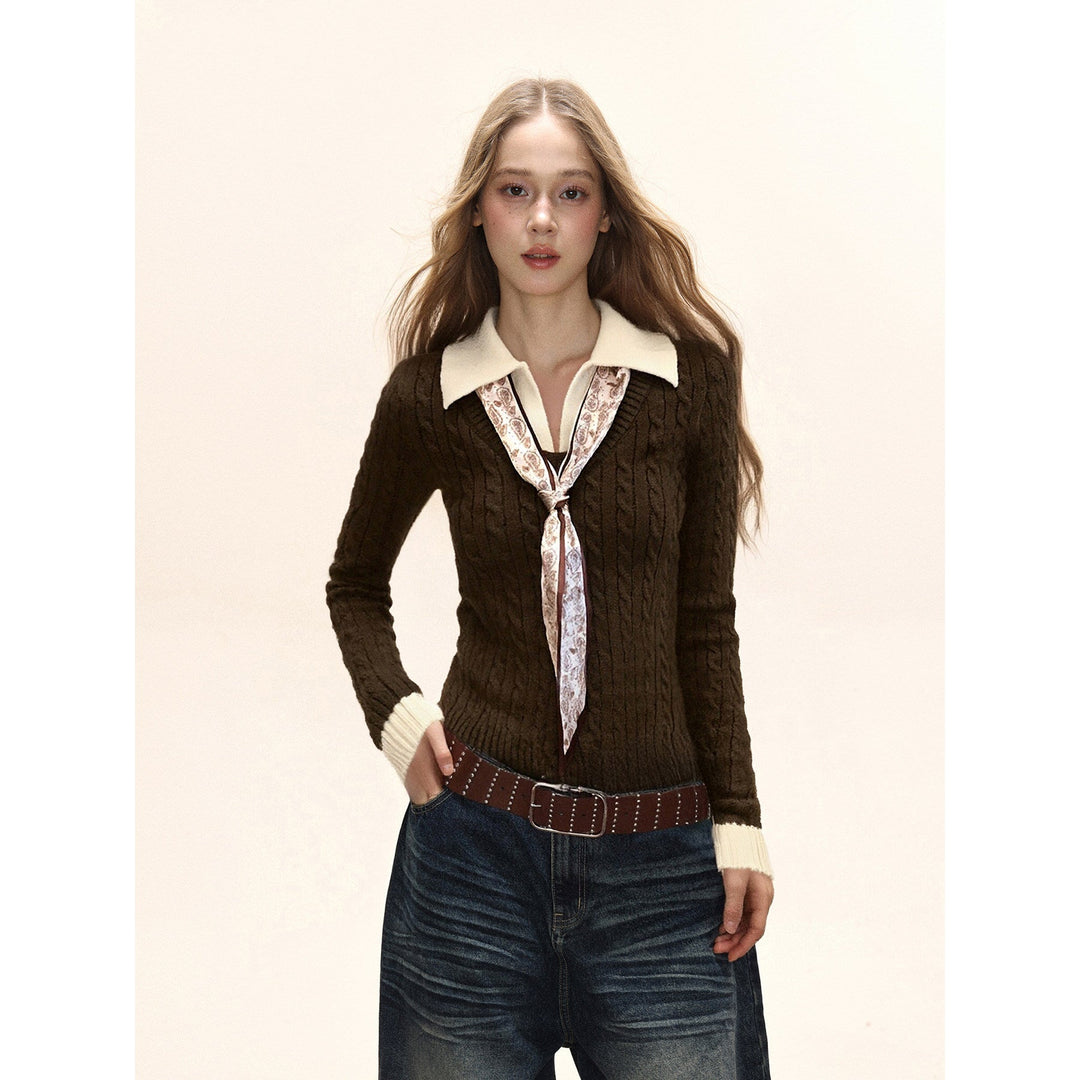 Damen Strick Polo Top mit Zopfmuster Slim Fit