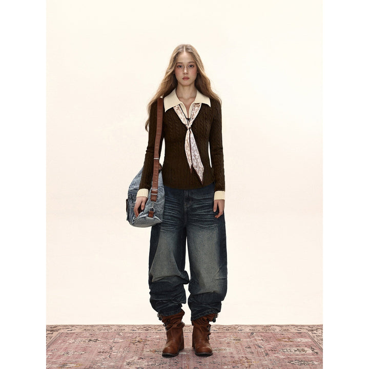 Damen Strick Polo Top mit Zopfmuster Slim Fit