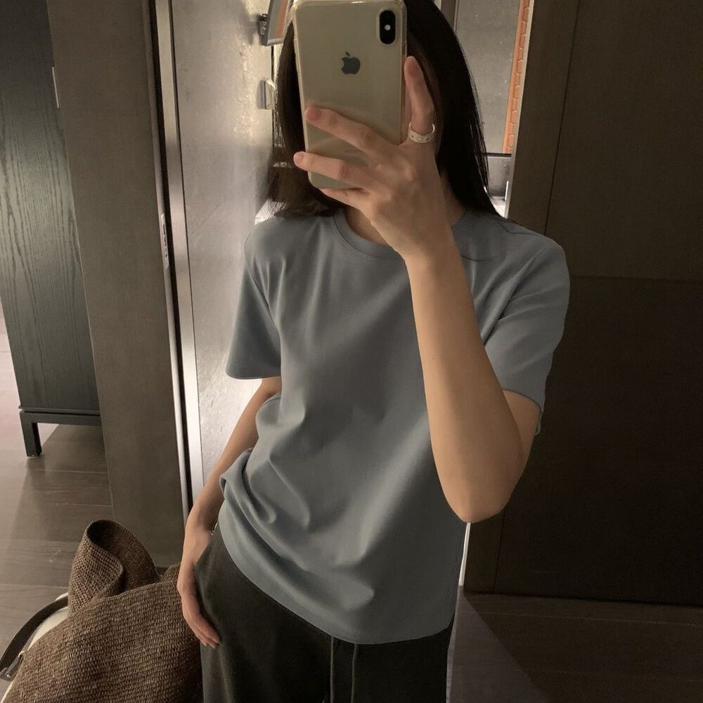 Damen Rundhals Kurzarm T-Shirt Einfarbig Slim Fit
