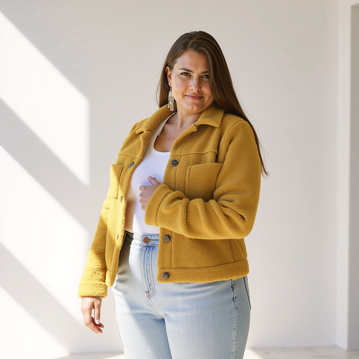 Drune | Weiche Damen Teddy Herbstjacke mit Knöpfen und Taschen