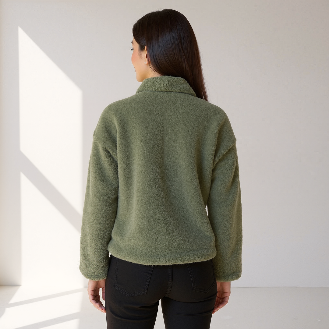 Drune | Weiche Damen Teddy Herbstjacke mit Knöpfen und Taschen