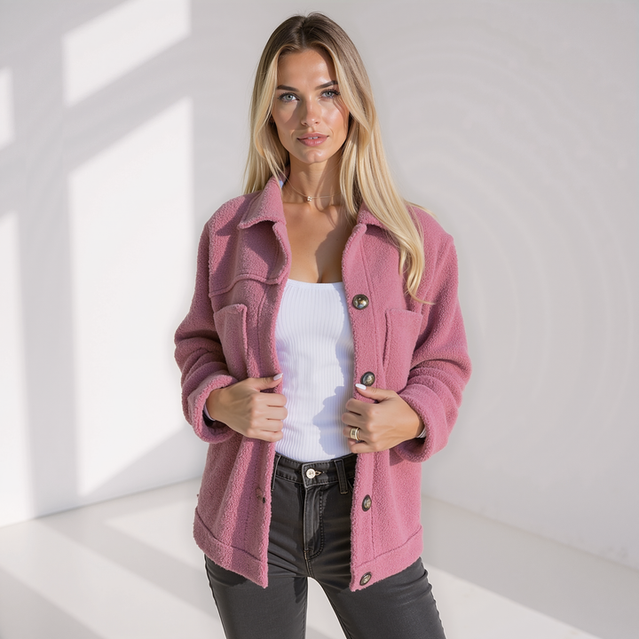 Drune | Weiche Damen Teddy Herbstjacke mit Knöpfen und Taschen