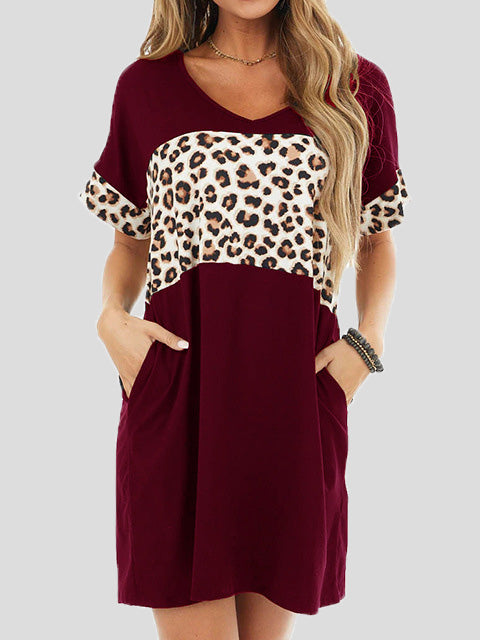 Drune | Damenkleider Crew Neck Leopard Panel Tasche Legeres Kleid