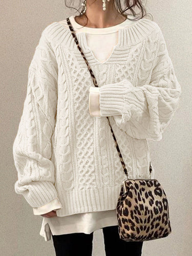 Drune | Kabelstrickpullover - Damen Herbst Grobstrickpullover mit Schlitzkragen