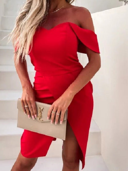 Drune | Frauen Kleider Solid One Shoulder Slim Fit Schlitz Kleid