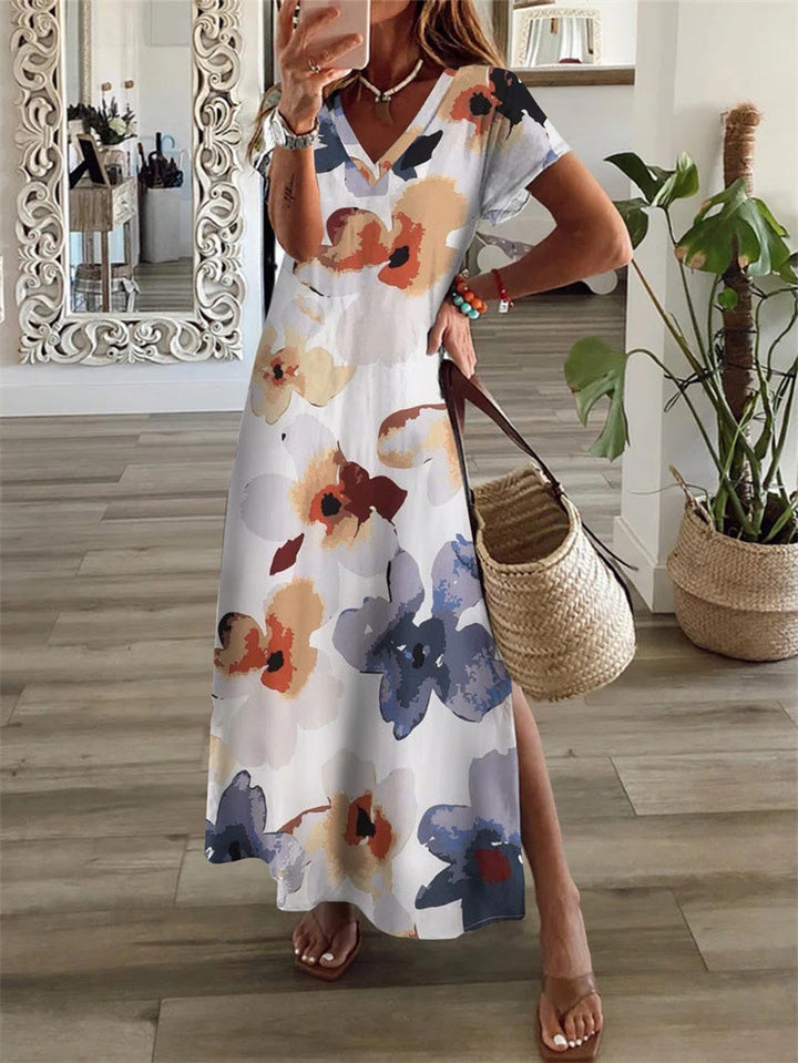 Drune | Frauen Kleider Blumenmuster V-Ausschnitt Kurzarm Schlitzkleid