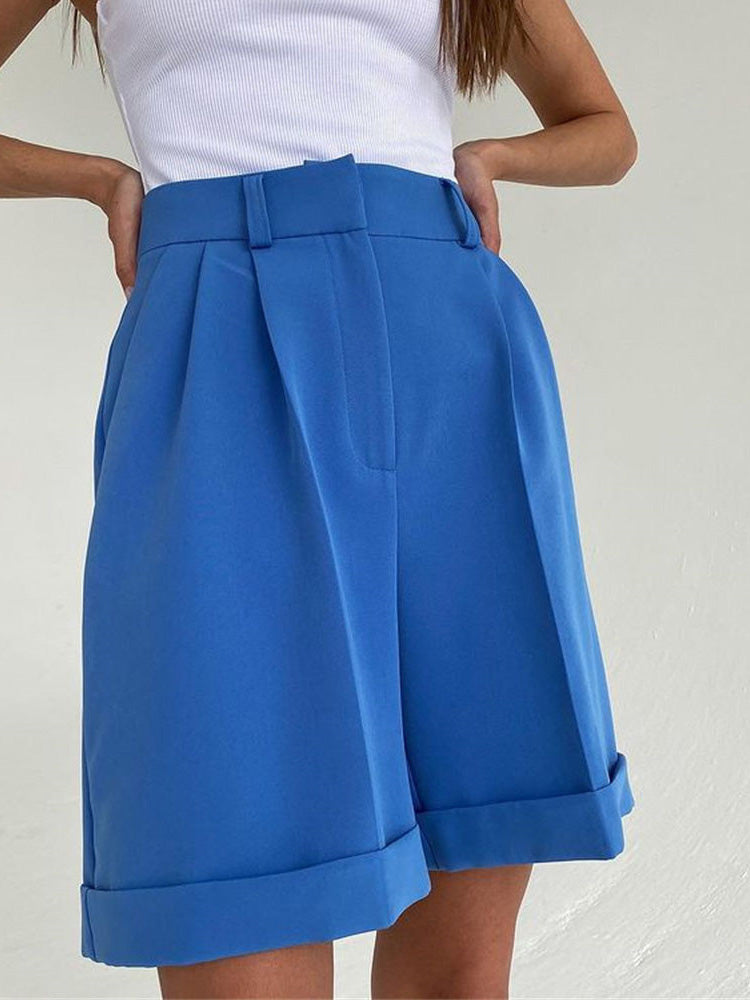 Drune | Damen Shorts Einfarbig Reißverschluss Tasche Gerade Shorts