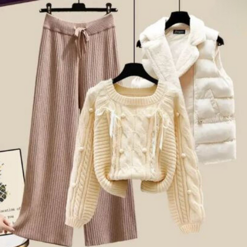 Drune | Dreiteiliges Damen Strickjacken Jackett, Locker Sitzender Pullover und Weite Hosenbeine