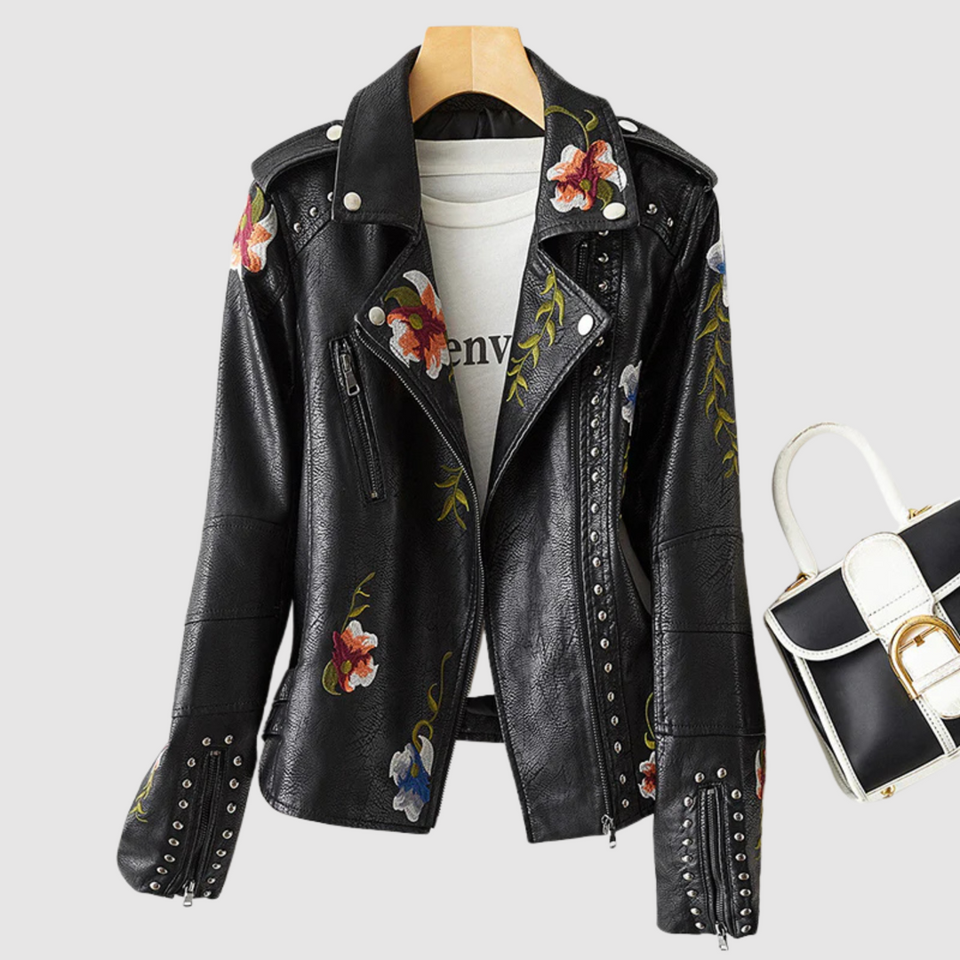 Drune | Lederjacke mit Retro Blumenmuster