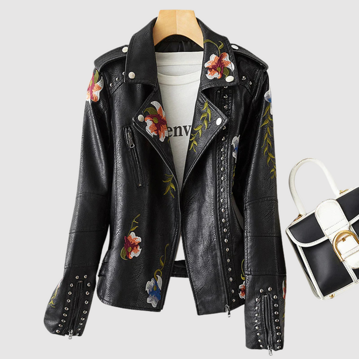 Drune | Lederjacke mit Retro Blumenmuster